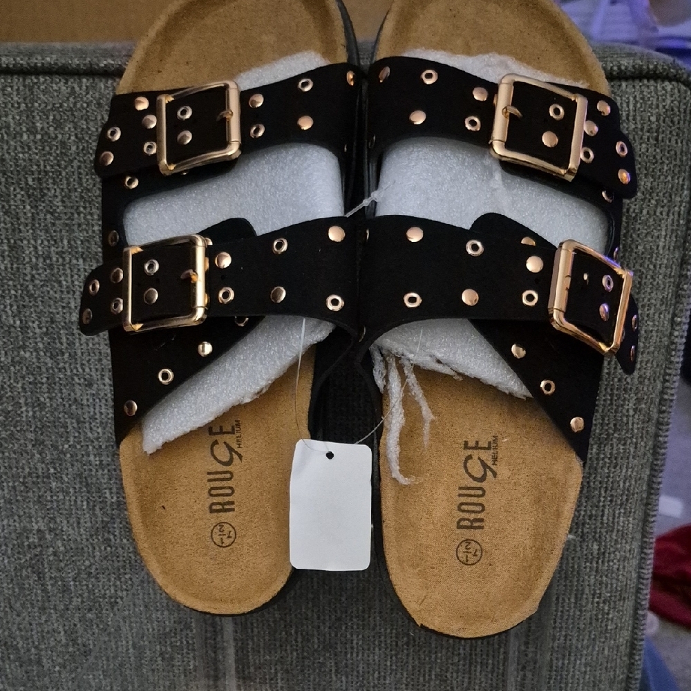 Rouge Black Sandals with Gold Studs